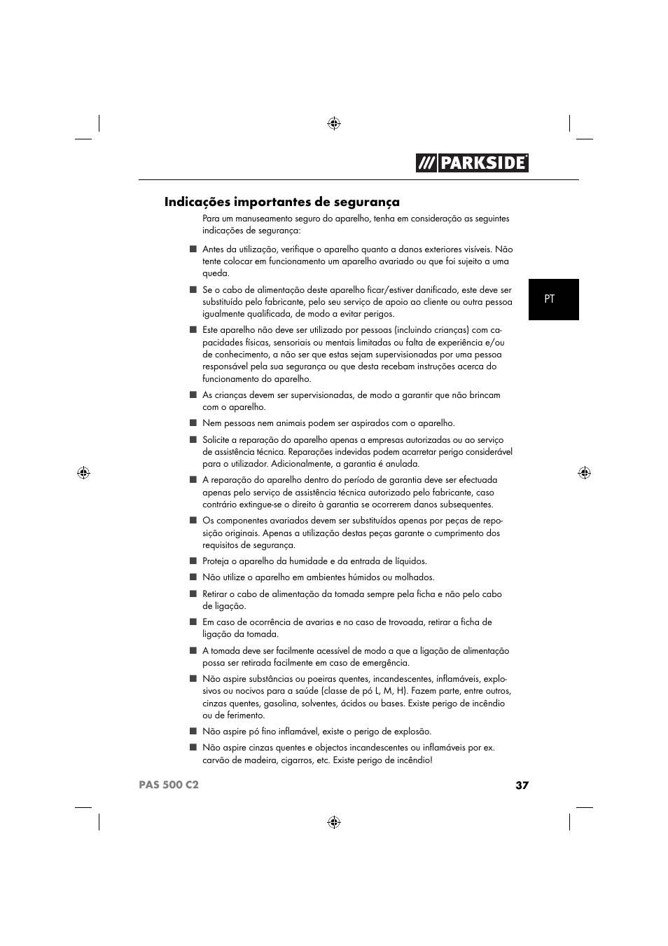 Indicações importantes de segurança | Parkside PAS 500 C2 User Manual | Page 40 / 84