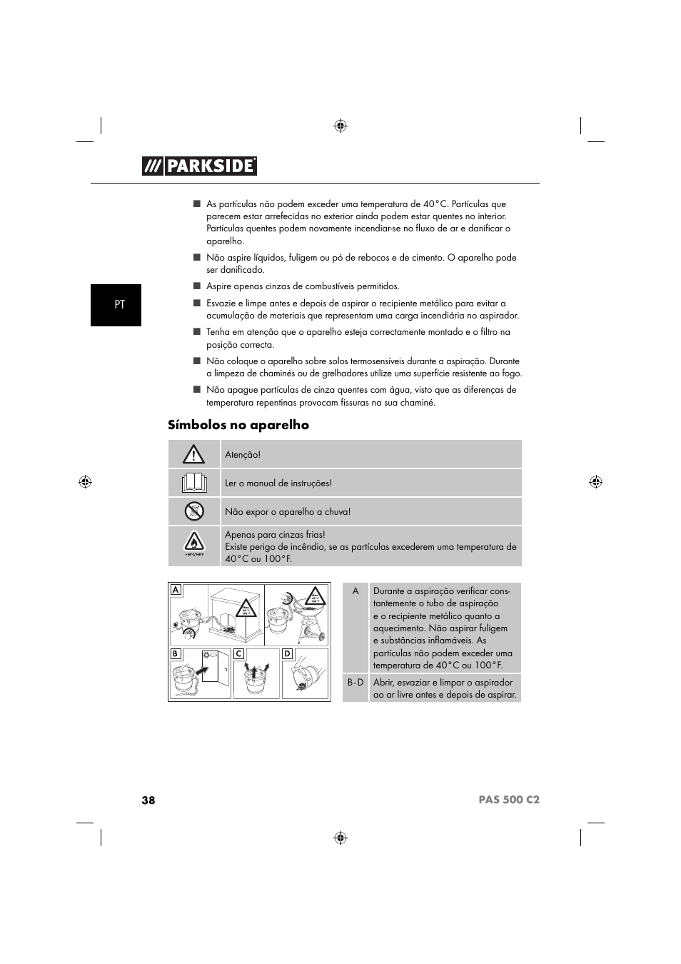 Símbolos no aparelho | Parkside PAS 500 C2 User Manual | Page 41 / 84