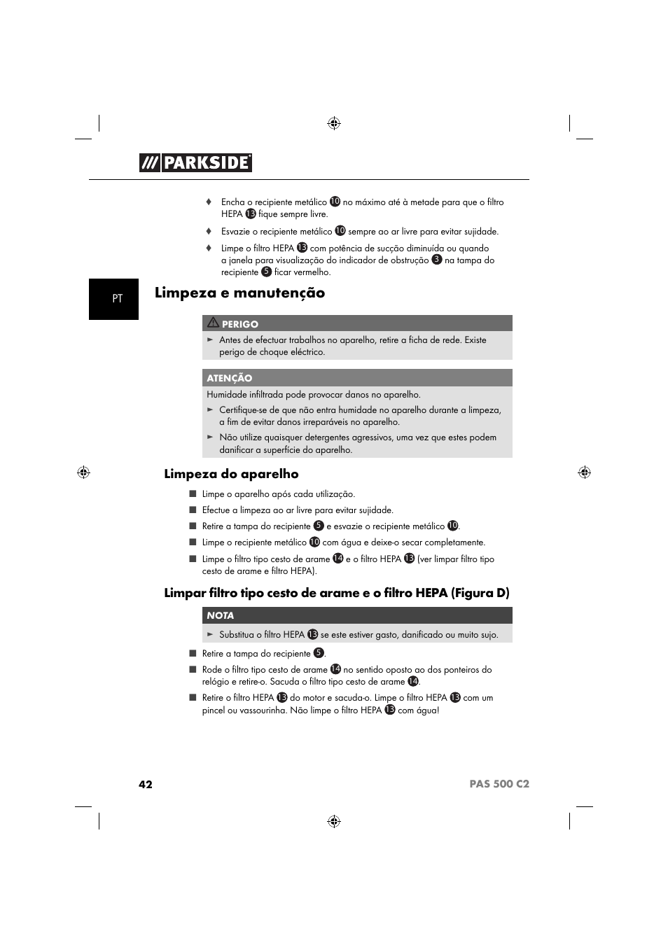 Limpeza e manutenção, Limpeza do aparelho | Parkside PAS 500 C2 User Manual | Page 45 / 84