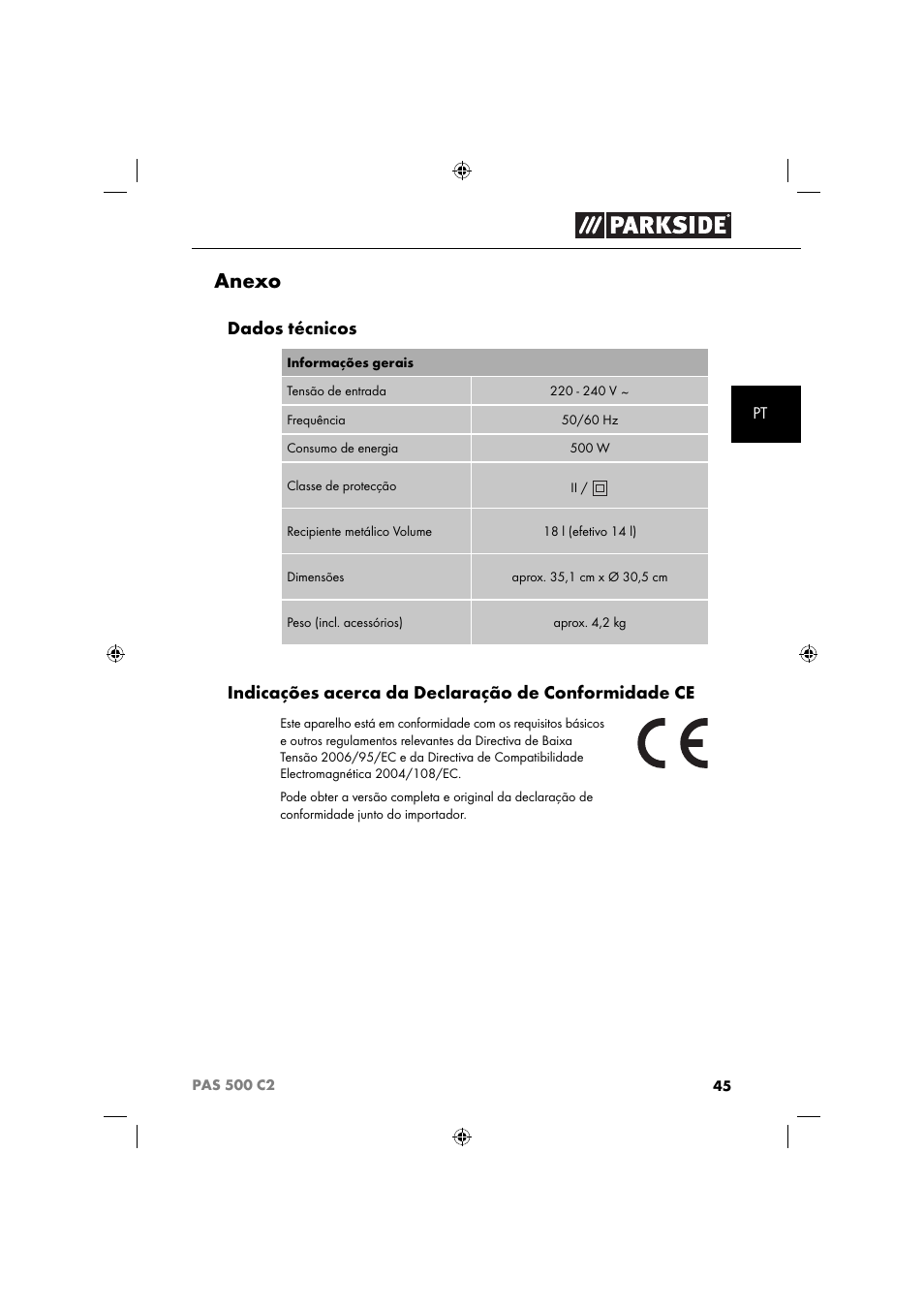 Anexo, Dados técnicos, Indicações acerca da declaração de conformidade ce | Parkside PAS 500 C2 User Manual | Page 48 / 84