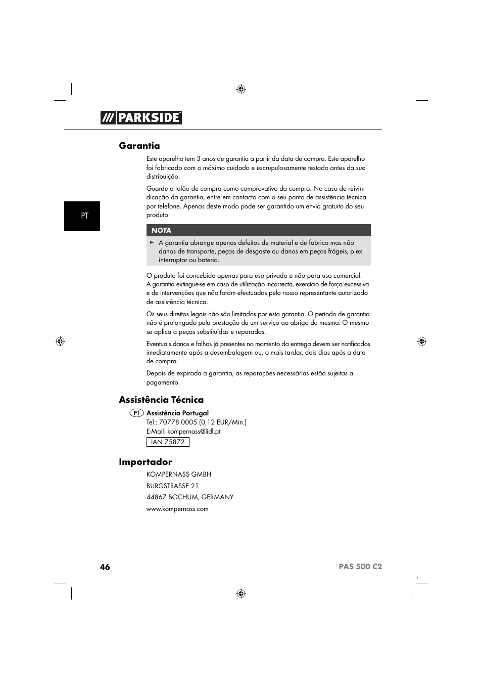 Garantia, Assistência técnica, Importador | Parkside PAS 500 C2 User Manual | Page 49 / 84