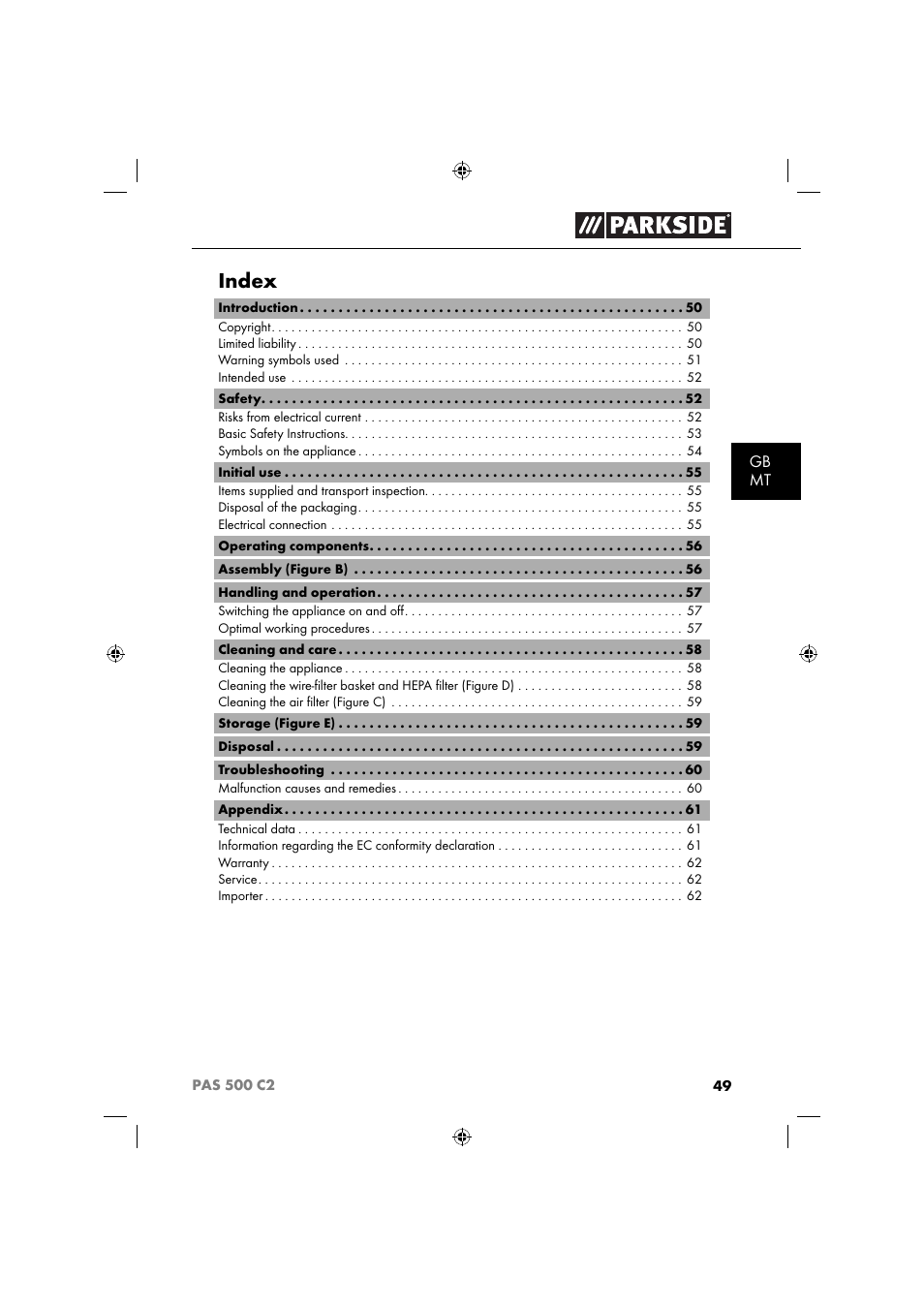 Index | Parkside PAS 500 C2 User Manual | Page 52 / 84