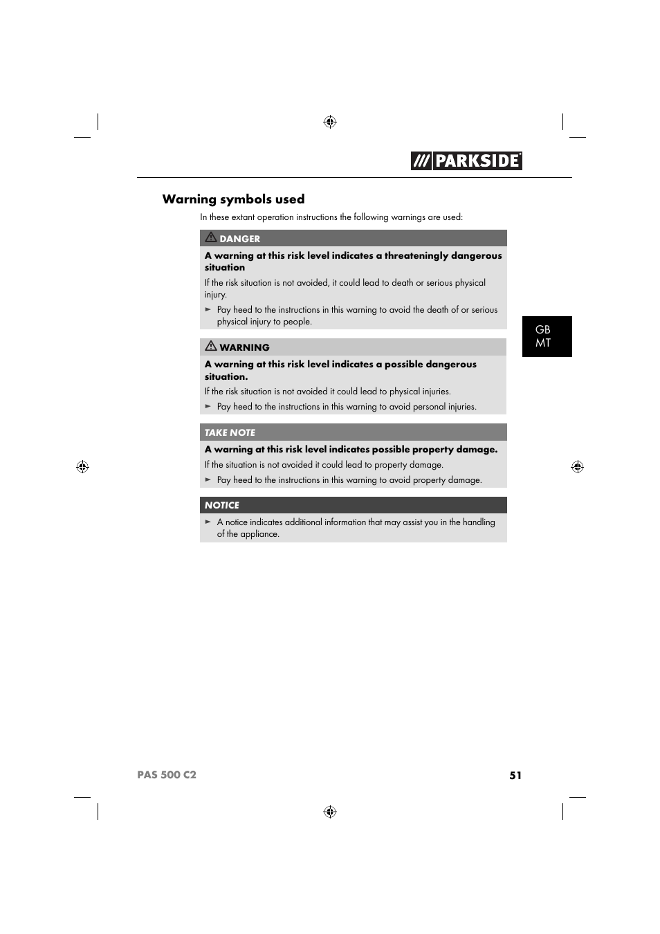 Warning symbols used | Parkside PAS 500 C2 User Manual | Page 54 / 84