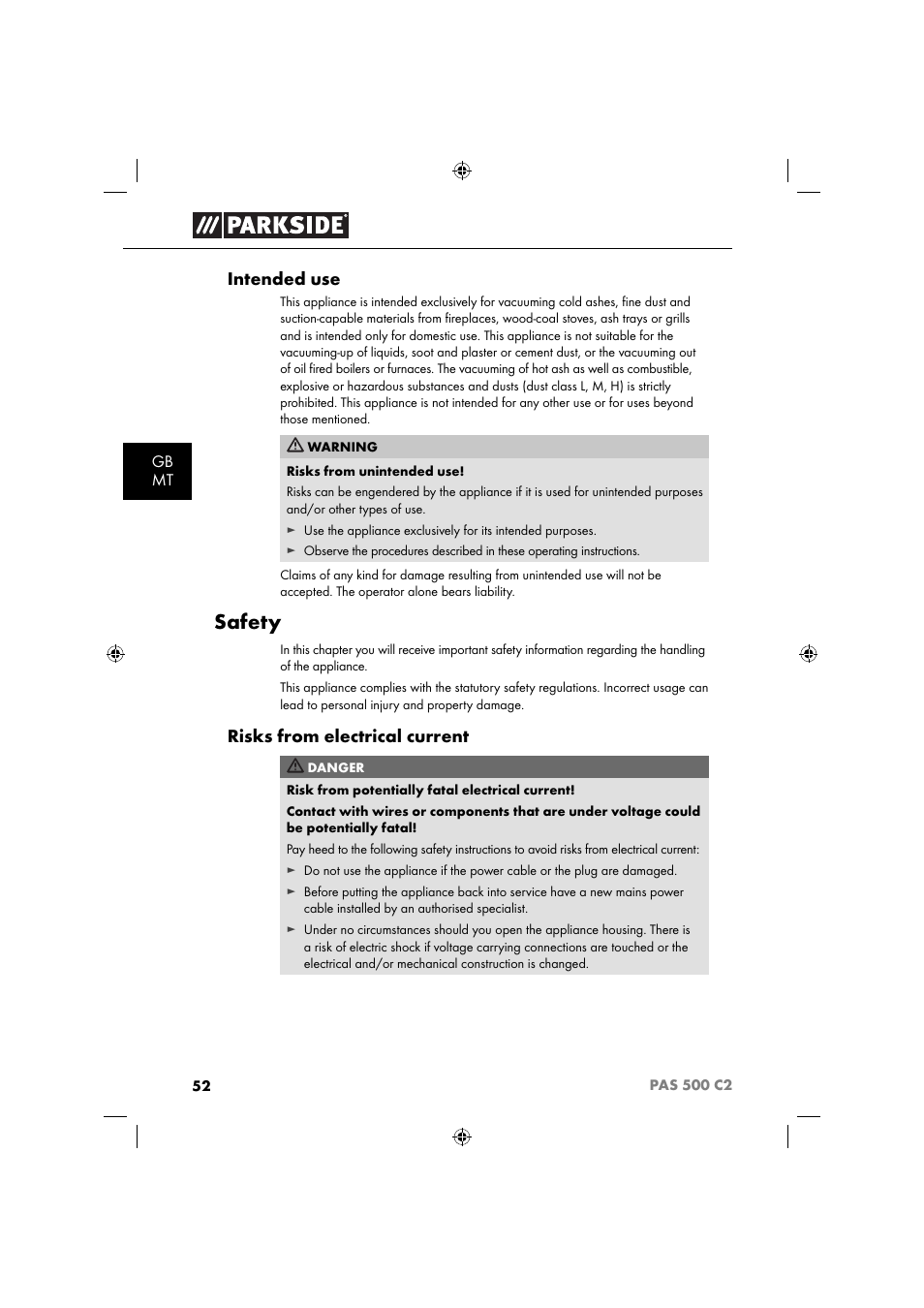 Safety, Intended use, Risks from electrical current | Parkside PAS 500 C2 User Manual | Page 55 / 84