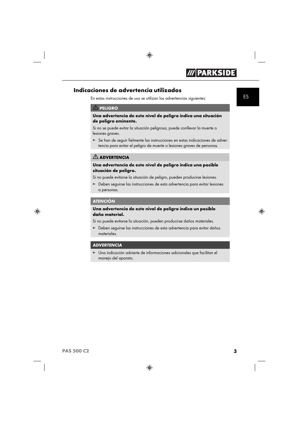 Indicaciones de advertencia utilizados | Parkside PAS 500 C2 User Manual | Page 6 / 84