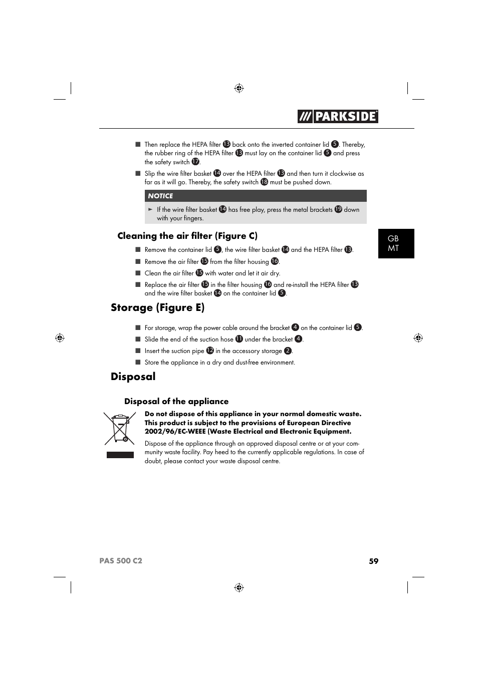 Storage (figure e), Disposal, Cleaning the air ﬁ lter (figure c) | Parkside PAS 500 C2 User Manual | Page 62 / 84