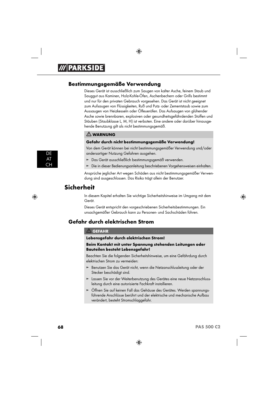 Sicherheit, Bestimmungsgemäße verwendung, Gefahr durch elektrischen strom | Parkside PAS 500 C2 User Manual | Page 71 / 84