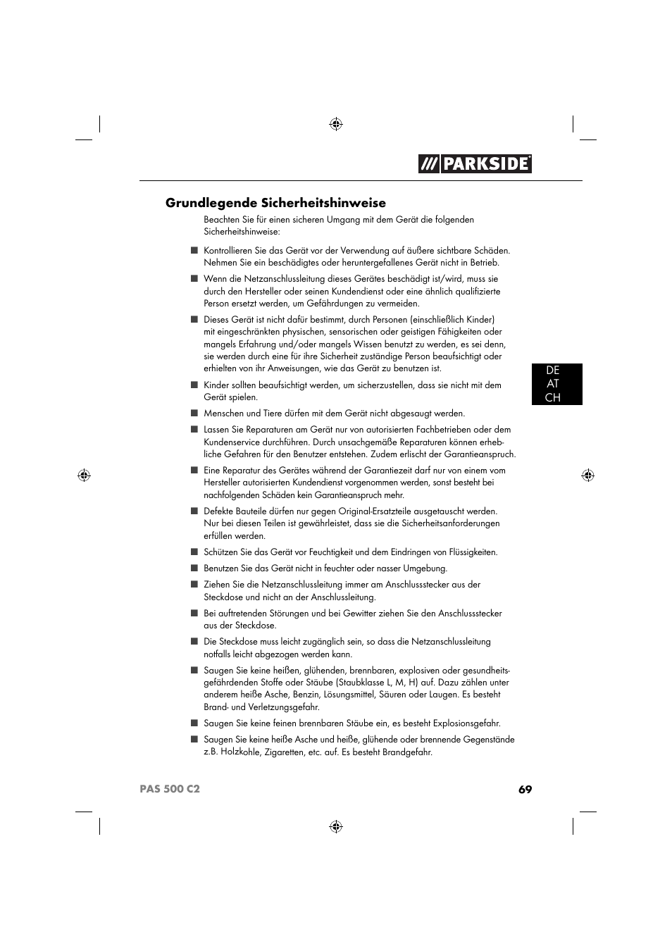 Grundlegende sicherheitshinweise | Parkside PAS 500 C2 User Manual | Page 72 / 84