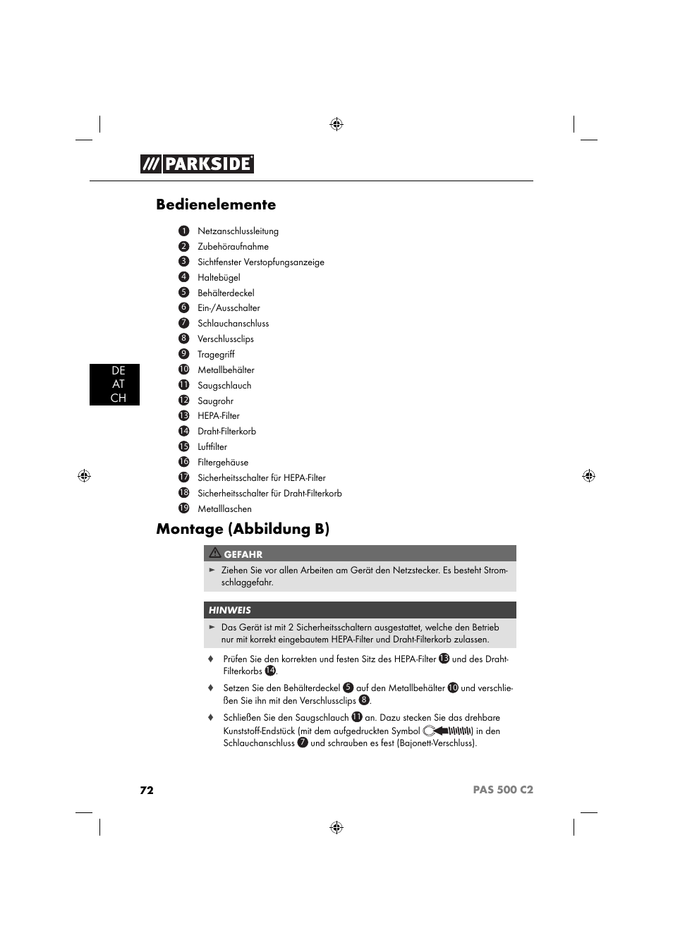 Bedienelemente, Montage (abbildung b), De at ch | Parkside PAS 500 C2 User Manual | Page 75 / 84