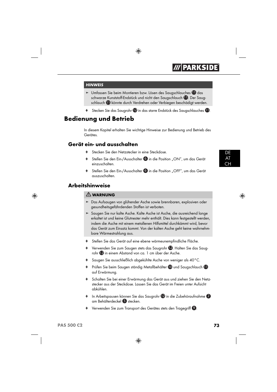 Bedienung und betrieb, Gerät ein- und ausschalten, Arbeitshinweise | Parkside PAS 500 C2 User Manual | Page 76 / 84