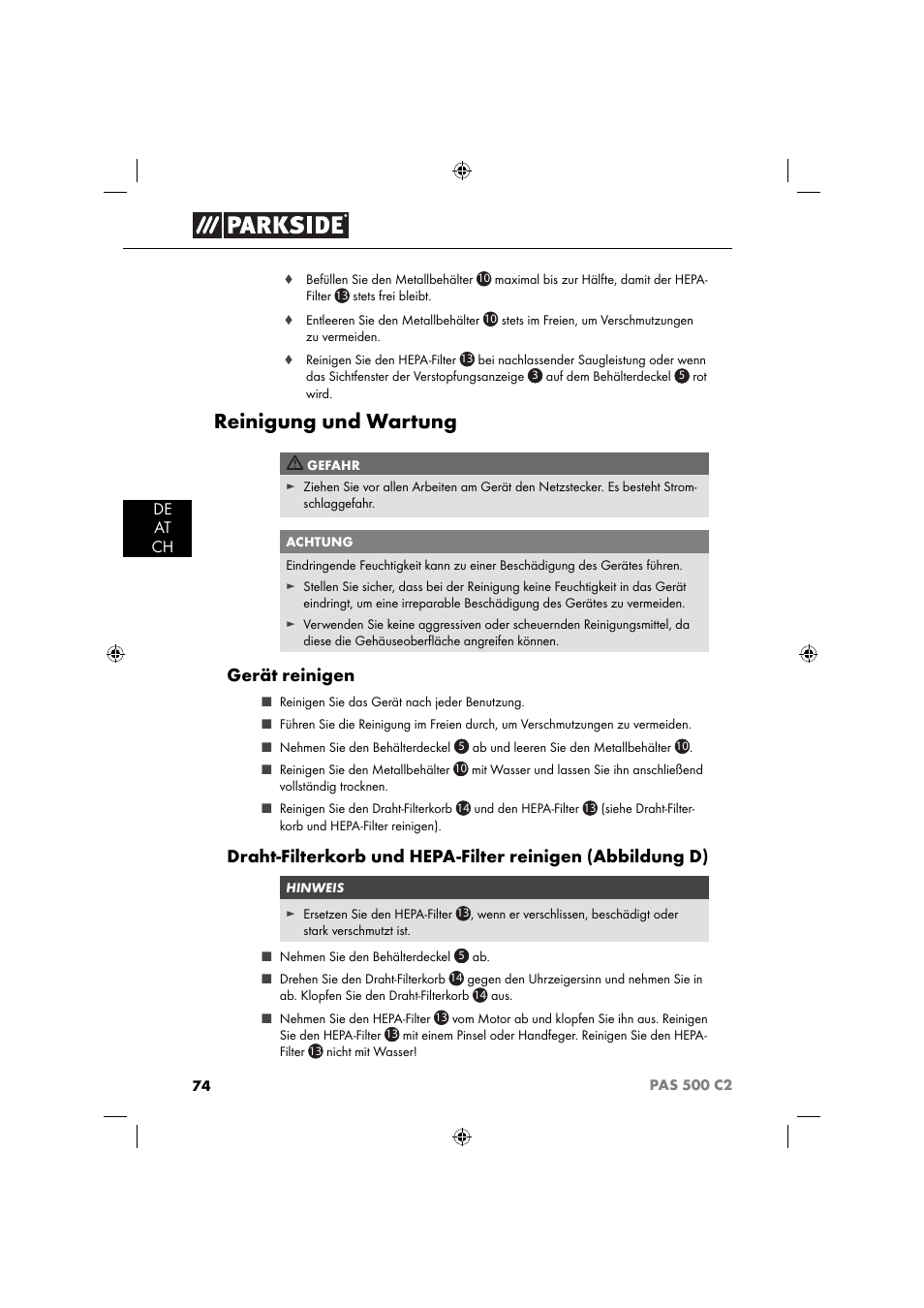 Reinigung und wartung, Gerät reinigen | Parkside PAS 500 C2 User Manual | Page 77 / 84