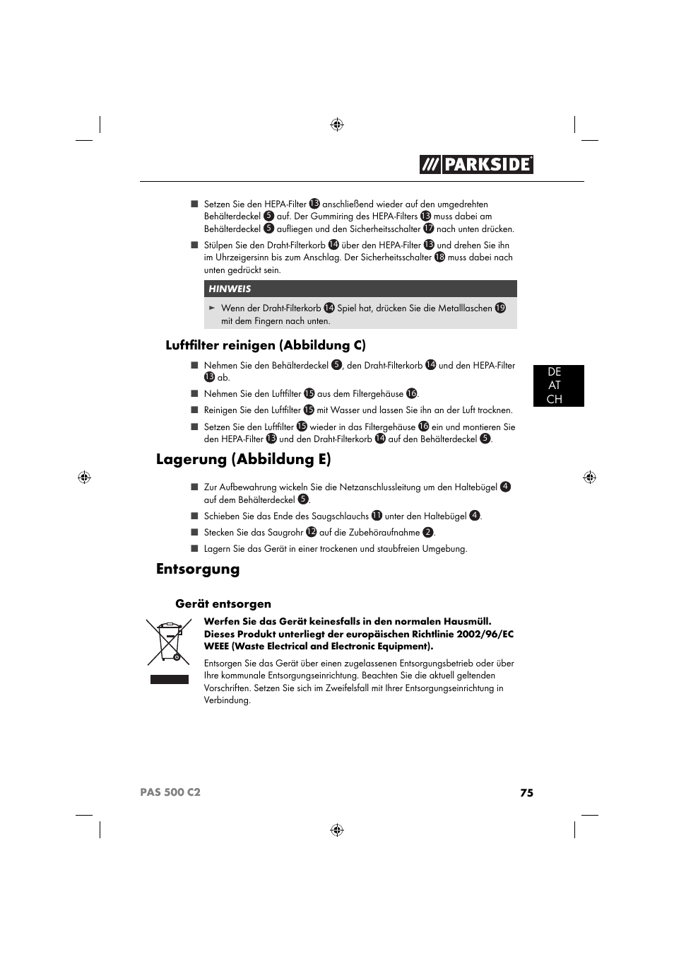 Lagerung (abbildung e), Entsorgung, Luftﬁ lter reinigen (abbildung c) | Parkside PAS 500 C2 User Manual | Page 78 / 84