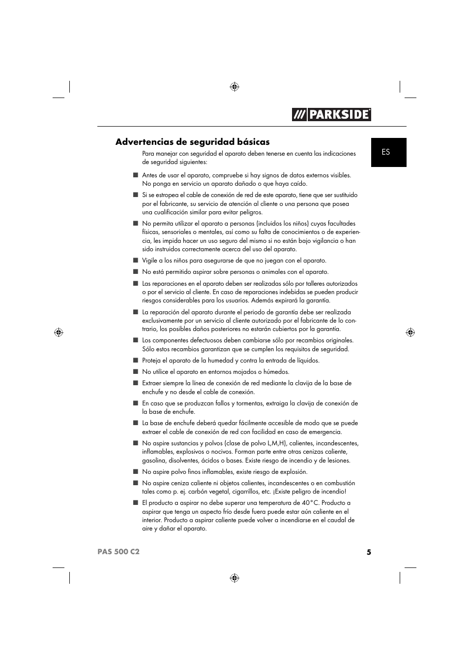 Advertencias de seguridad básicas | Parkside PAS 500 C2 User Manual | Page 8 / 84