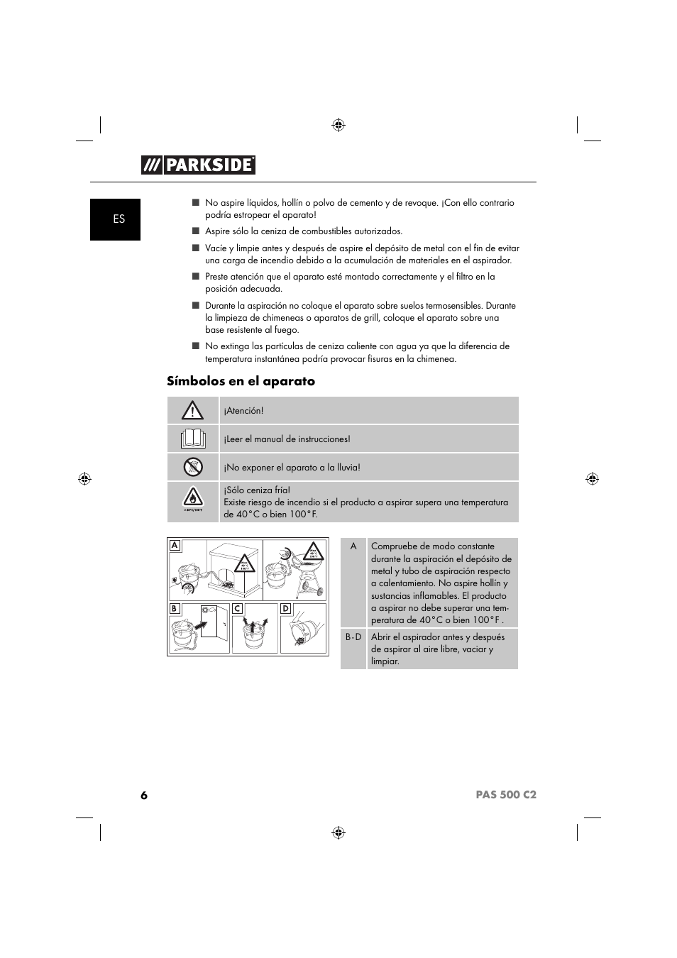 Símbolos en el aparato | Parkside PAS 500 C2 User Manual | Page 9 / 84