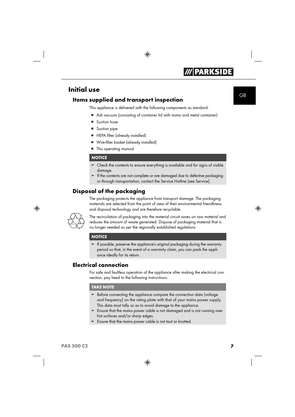 Initial use, Items supplied and transport inspection, Disposal of the packaging | Electrical connection | Parkside PAS 500 C2 User Manual | Page 10 / 116