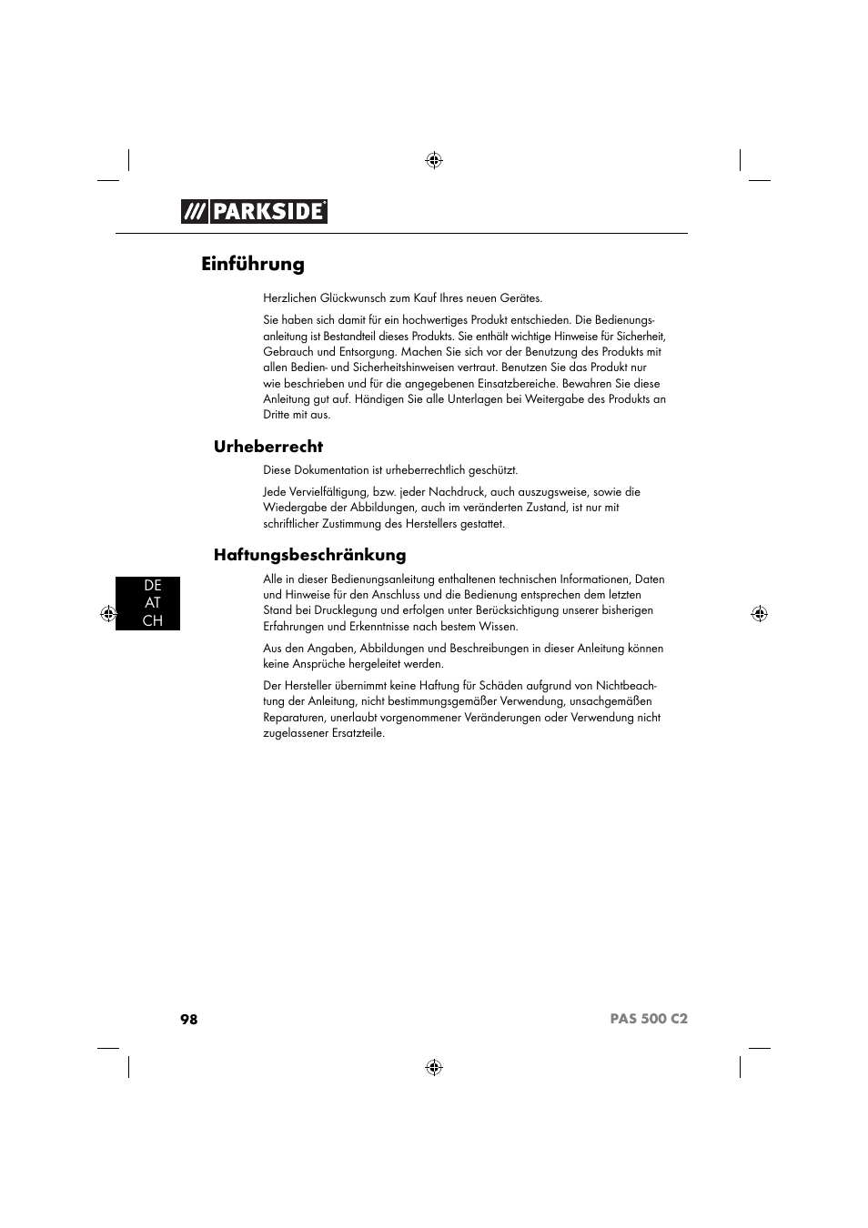 Einführung, Urheberrecht, Haftungsbeschränkung | Parkside PAS 500 C2 User Manual | Page 101 / 116