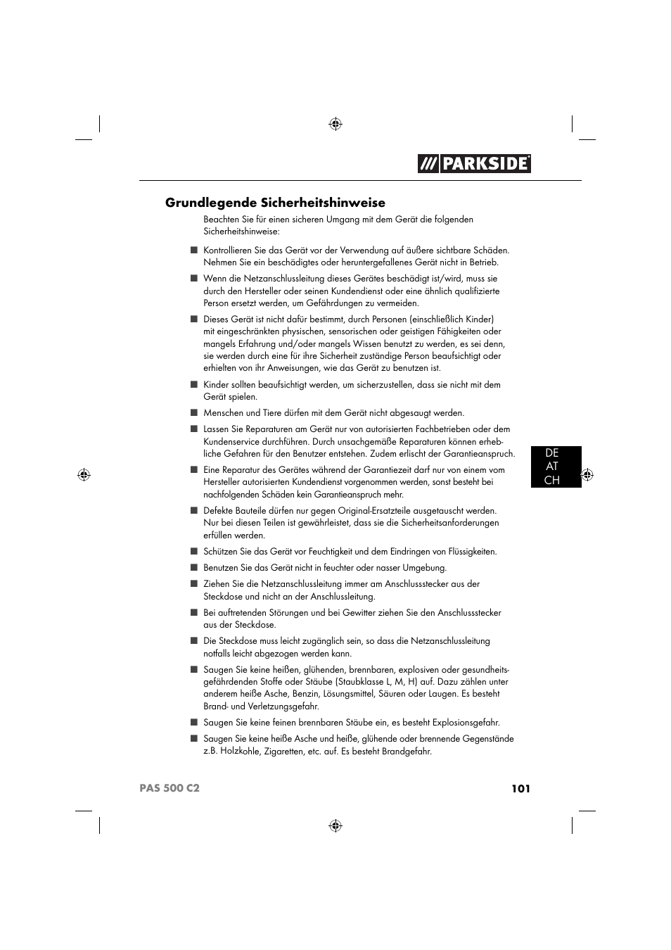 Grundlegende sicherheitshinweise | Parkside PAS 500 C2 User Manual | Page 104 / 116