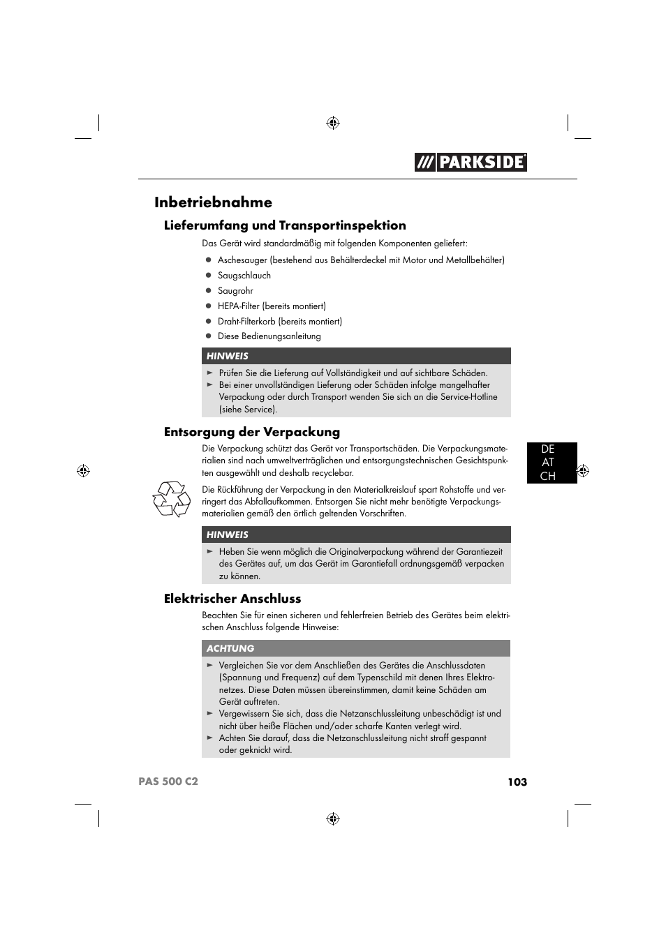 Inbetriebnahme, Lieferumfang und transportinspektion, Entsorgung der verpackung | Elektrischer anschluss | Parkside PAS 500 C2 User Manual | Page 106 / 116