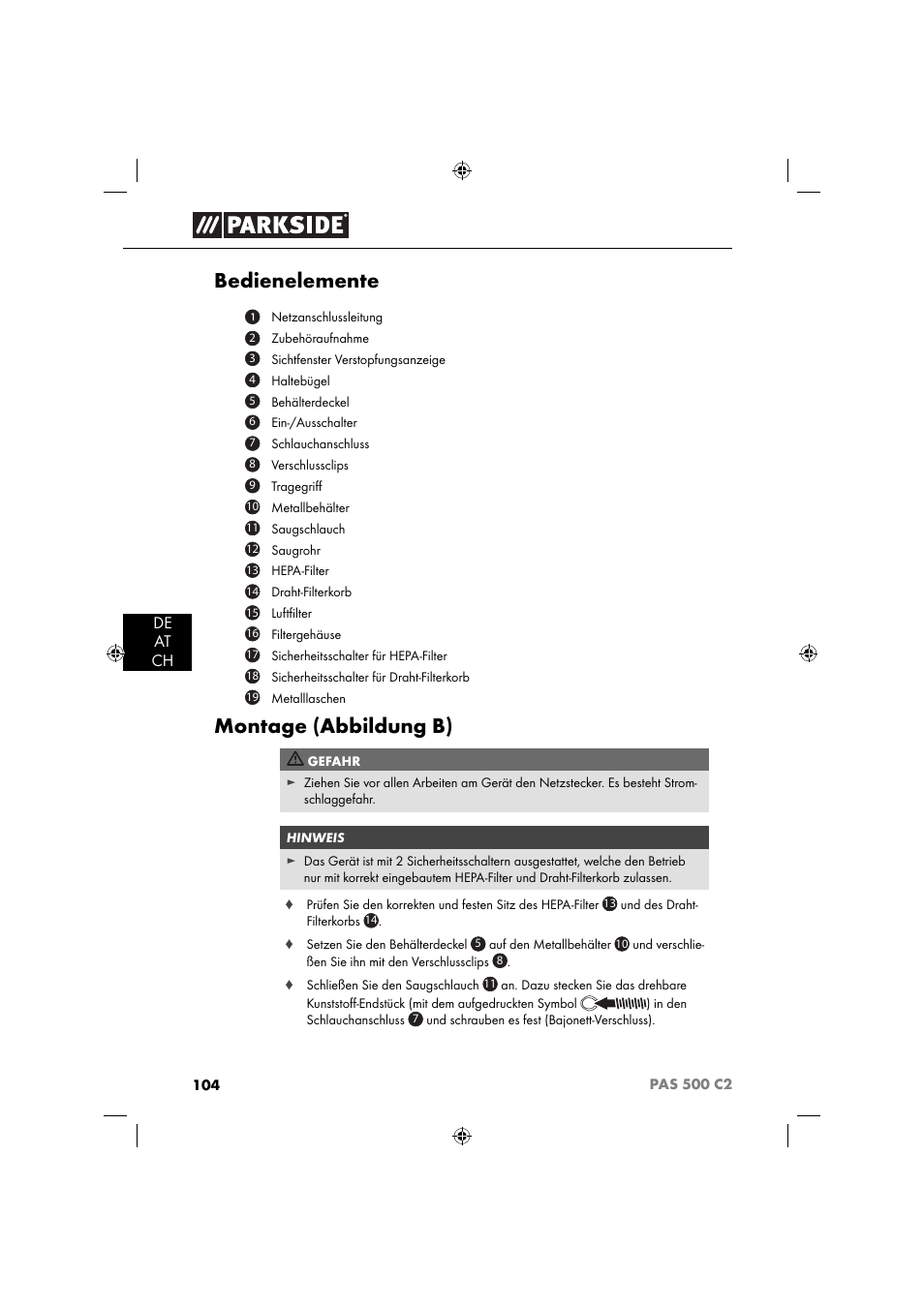 Bedienelemente, Montage (abbildung b), De at ch | Parkside PAS 500 C2 User Manual | Page 107 / 116