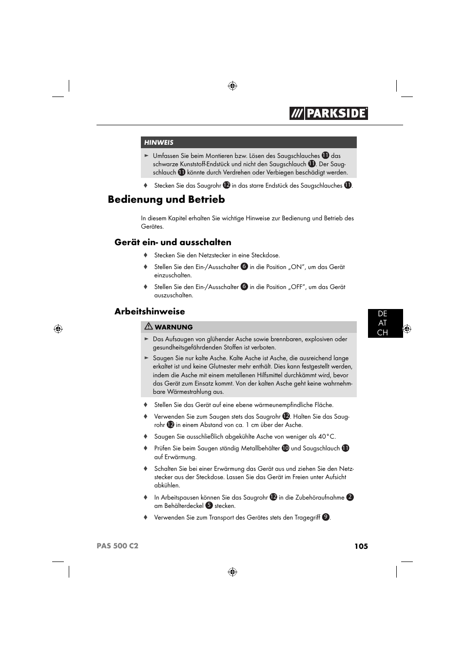 Bedienung und betrieb, Gerät ein- und ausschalten, Arbeitshinweise | Parkside PAS 500 C2 User Manual | Page 108 / 116