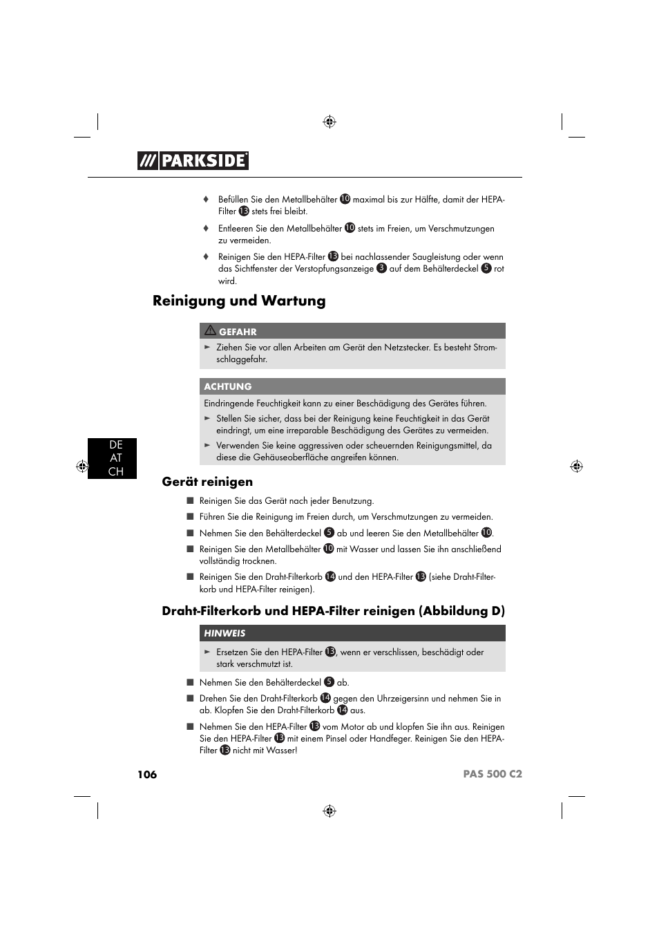 Reinigung und wartung, Gerät reinigen | Parkside PAS 500 C2 User Manual | Page 109 / 116