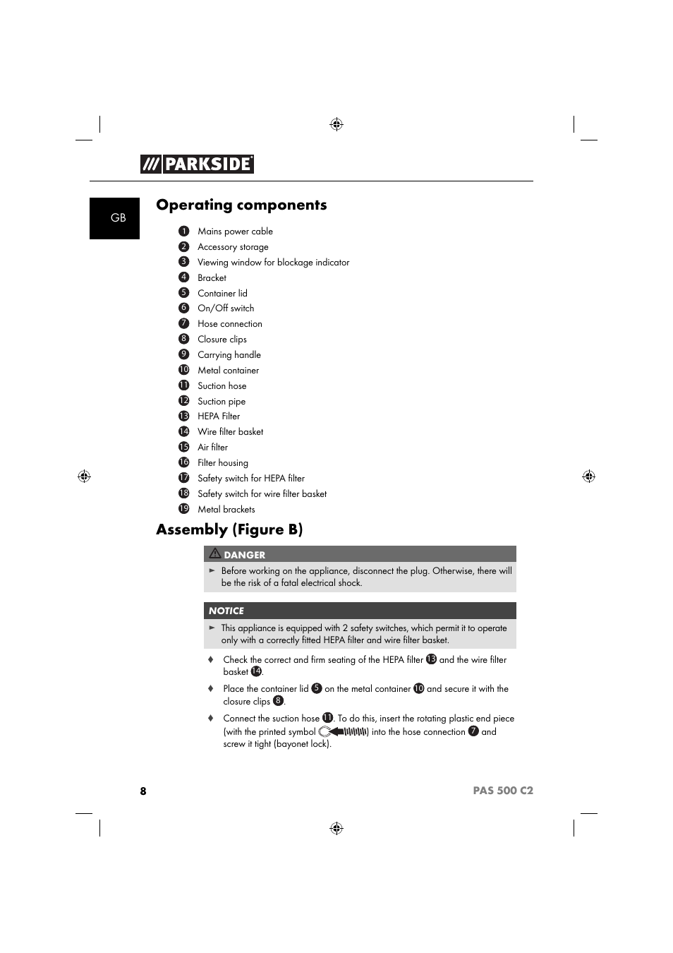 Operating components, Assembly (figure b) | Parkside PAS 500 C2 User Manual | Page 11 / 116