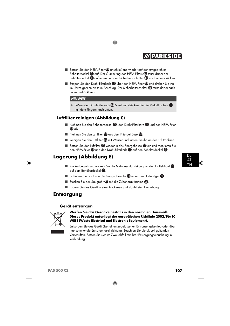 Lagerung (abbildung e), Entsorgung, Luftﬁ lter reinigen (abbildung c) | Parkside PAS 500 C2 User Manual | Page 110 / 116