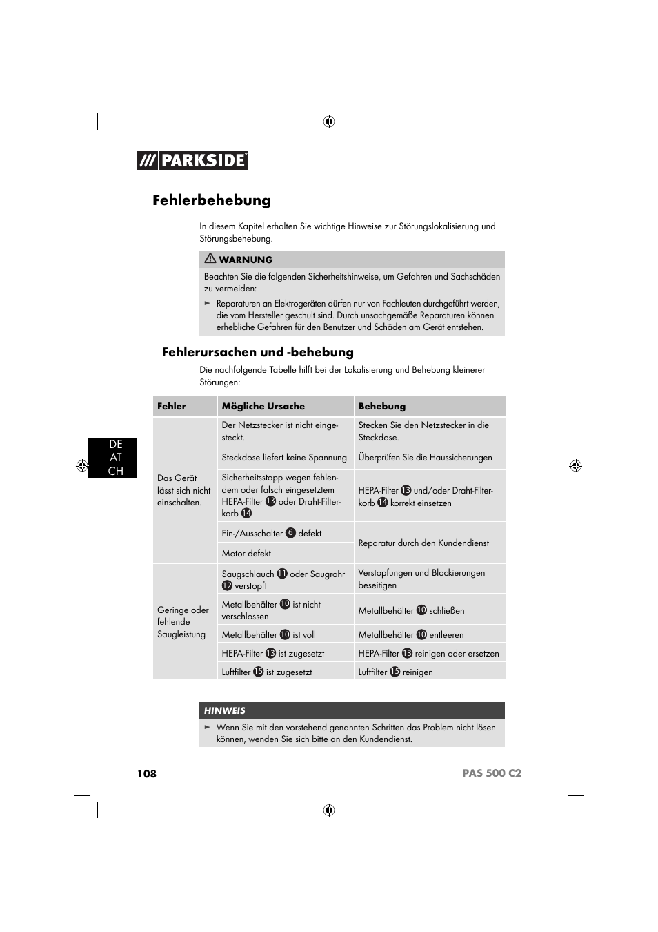 Fehlerbehebung, Fehlerursachen und -behebung | Parkside PAS 500 C2 User Manual | Page 111 / 116