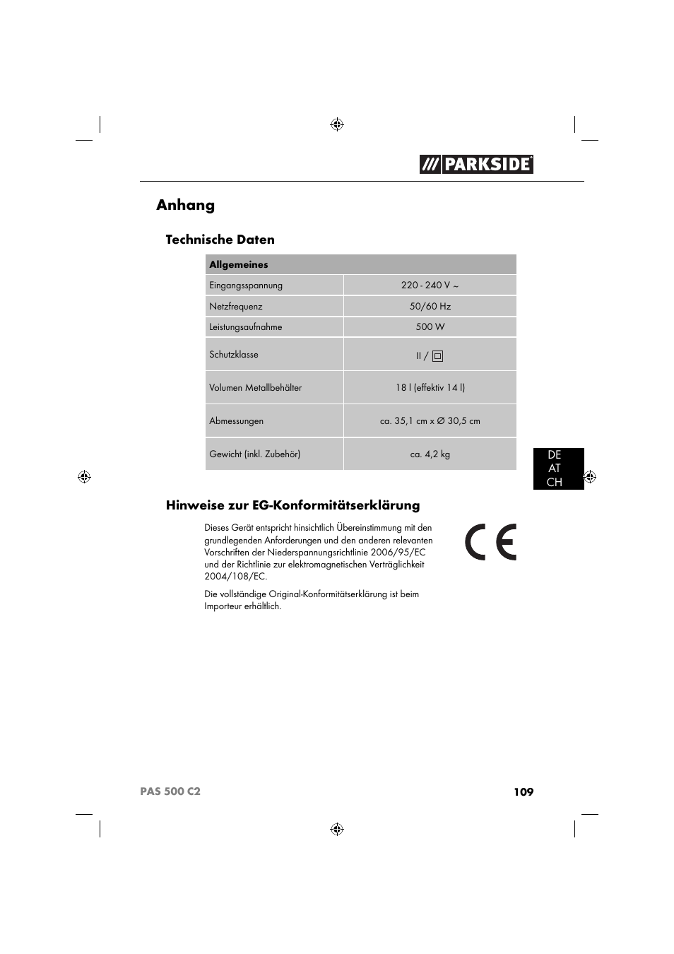 Anhang, Technische daten, Hinweise zur eg-konformitätserklärung | Parkside PAS 500 C2 User Manual | Page 112 / 116