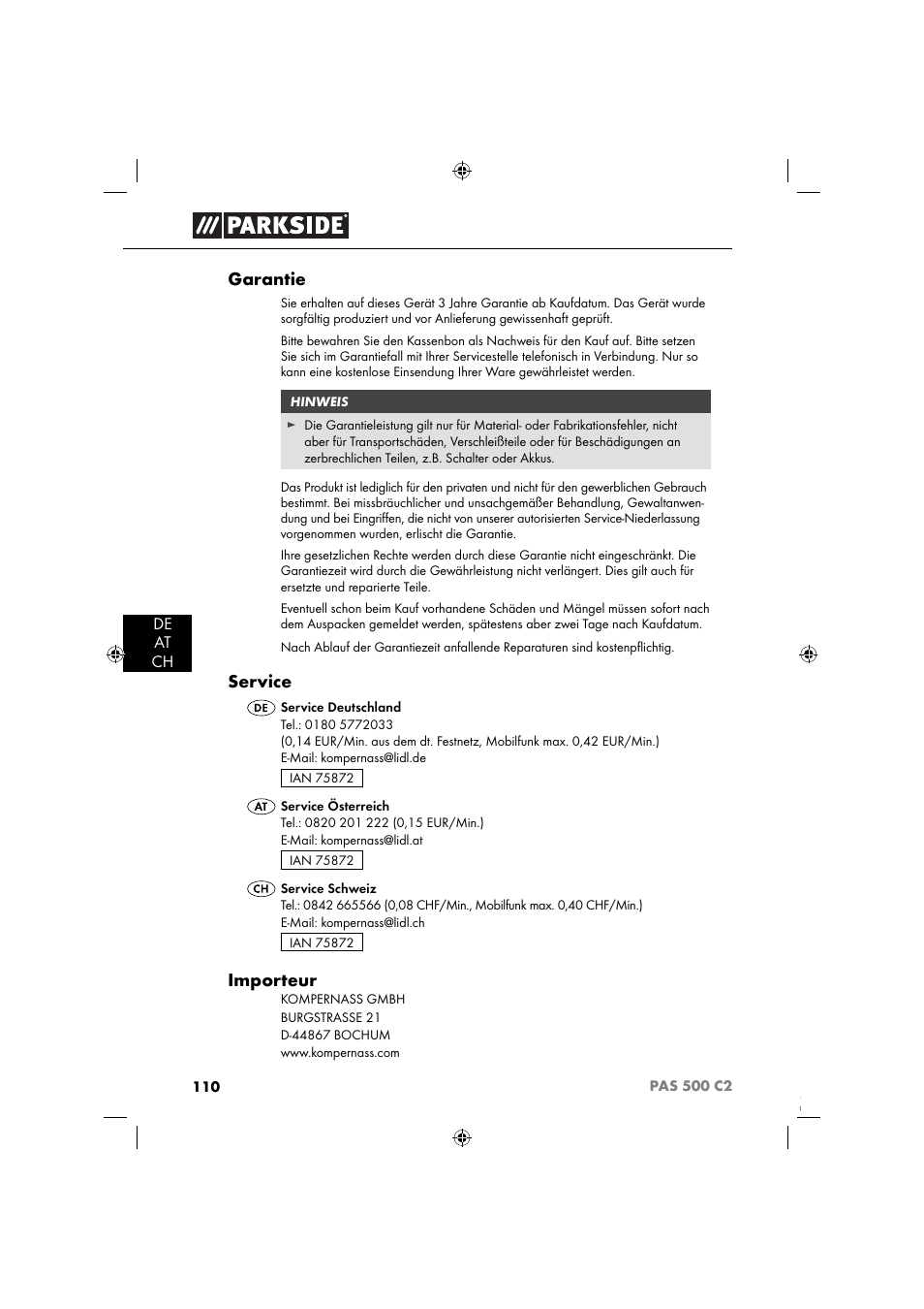 Garantie, Service, Importeur | Parkside PAS 500 C2 User Manual | Page 113 / 116