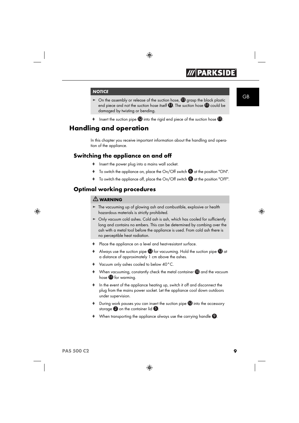 Handling and operation, Switching the appliance on and oﬀ, Optimal working procedures | Parkside PAS 500 C2 User Manual | Page 12 / 116