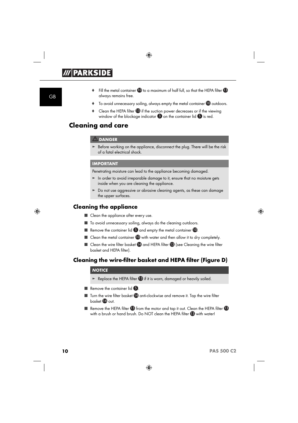 Cleaning and care, Cleaning the appliance | Parkside PAS 500 C2 User Manual | Page 13 / 116