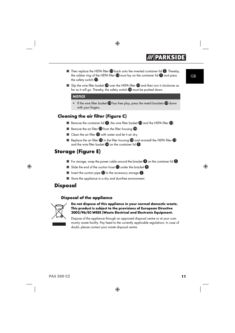 Storage (figure e), Disposal, Cleaning the air ﬁ lter (figure c) | Parkside PAS 500 C2 User Manual | Page 14 / 116