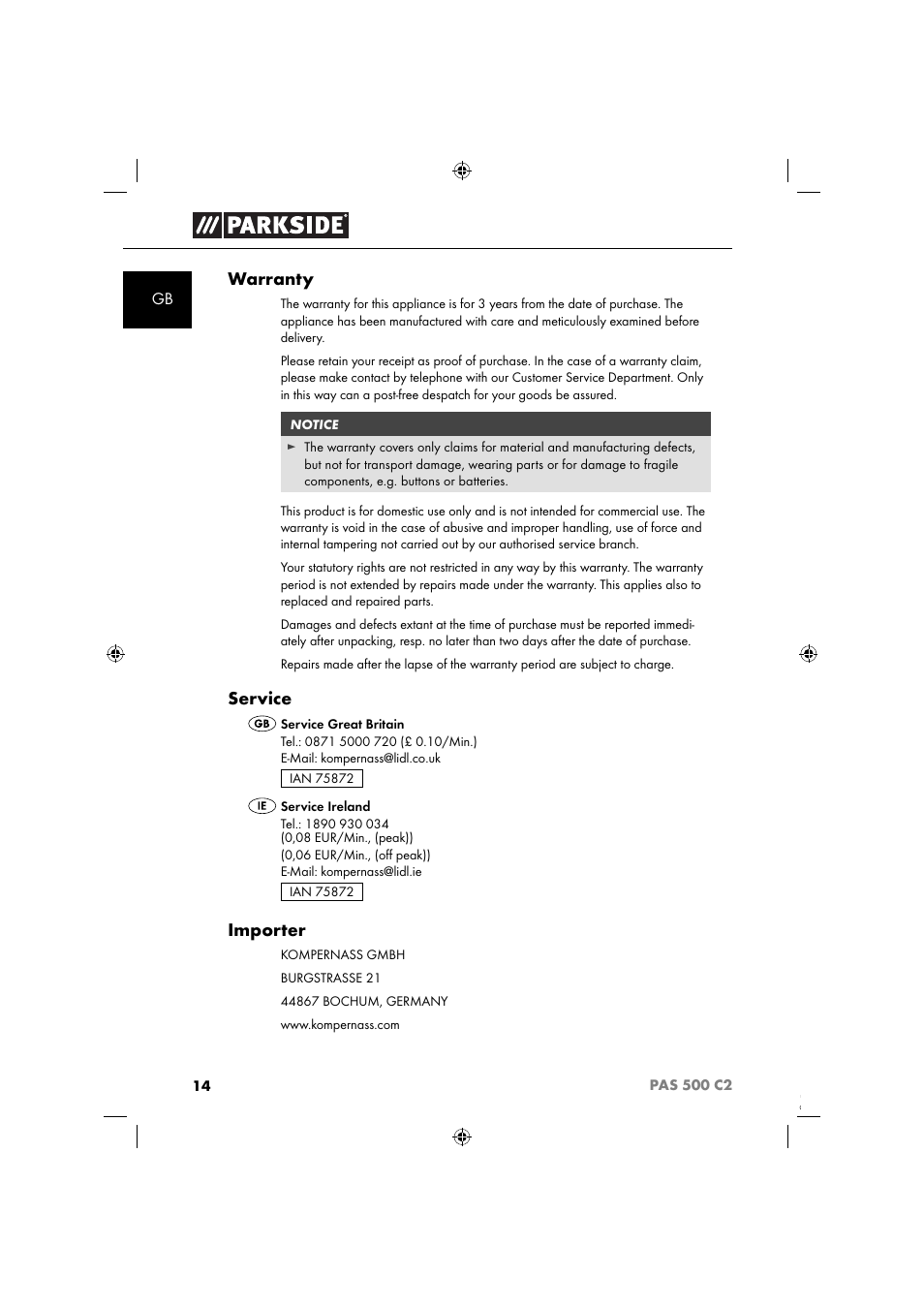 Warranty, Service, Importer | Parkside PAS 500 C2 User Manual | Page 17 / 116