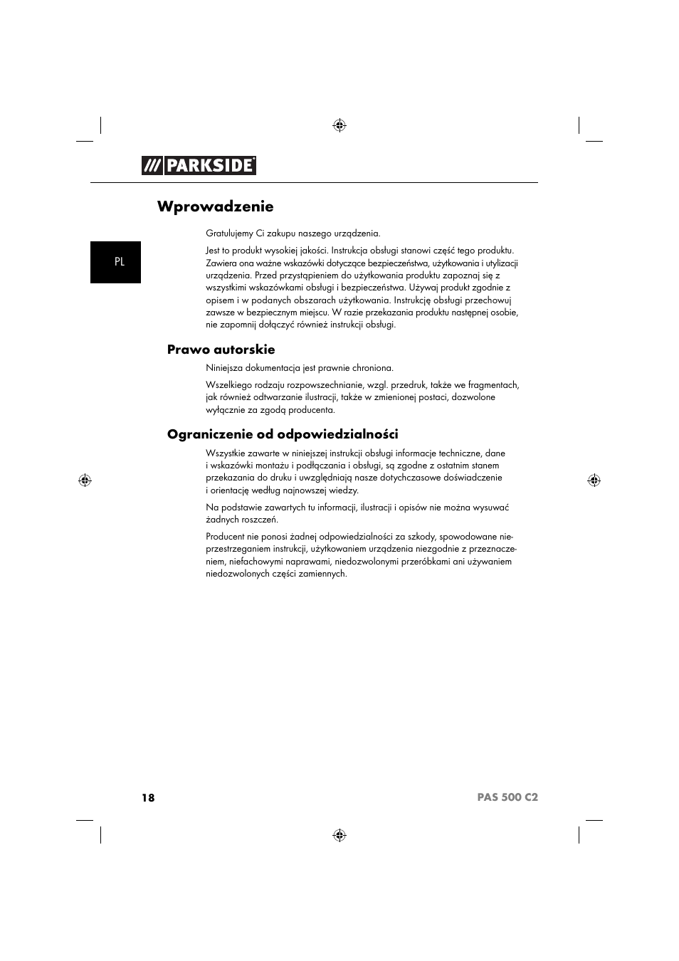 Wprowadzenie, Prawo autorskie, Ograniczenie od odpowiedzialności | Parkside PAS 500 C2 User Manual | Page 21 / 116