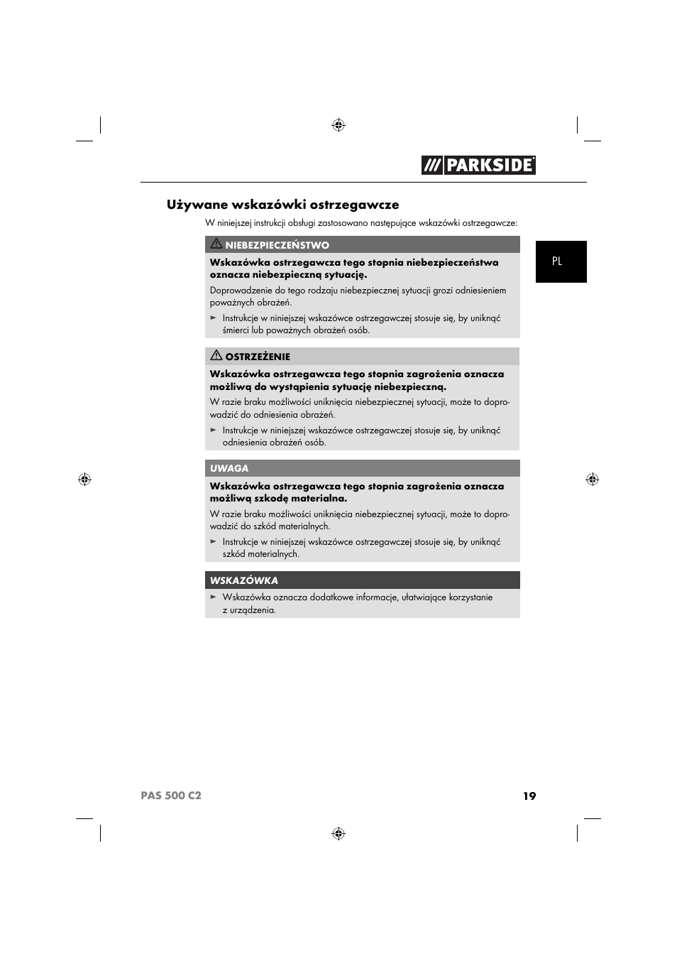 Używane wskazówki ostrzegawcze | Parkside PAS 500 C2 User Manual | Page 22 / 116