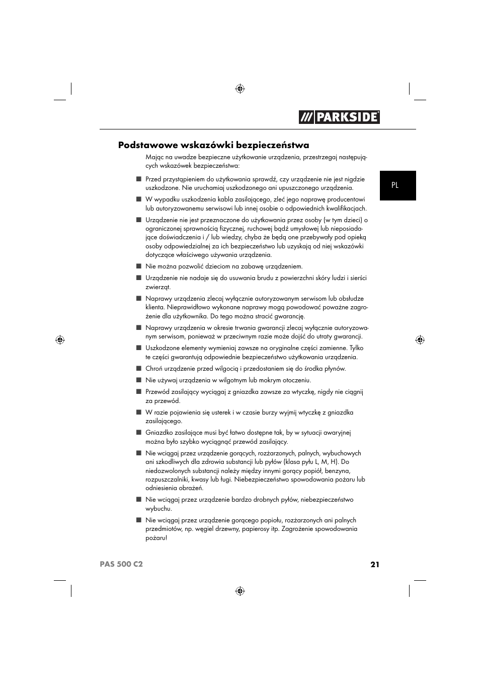 Podstawowe wskazówki bezpieczeństwa | Parkside PAS 500 C2 User Manual | Page 24 / 116