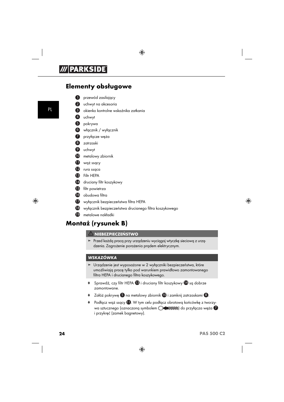 Elementy obsługowe, Montaż (rysunek b) | Parkside PAS 500 C2 User Manual | Page 27 / 116