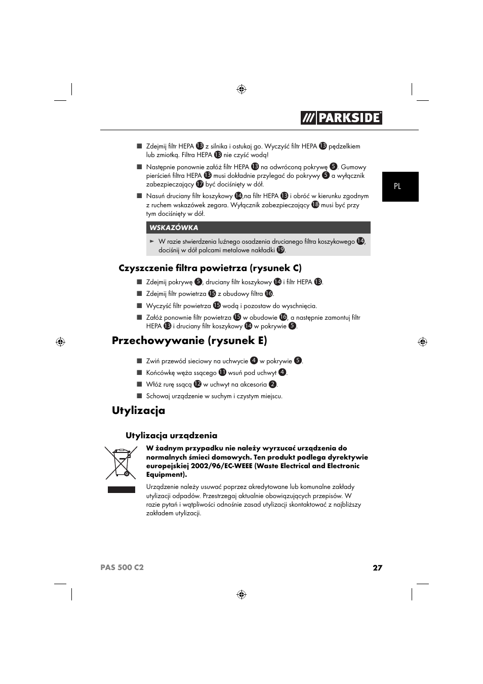 Przechowywanie (rysunek e), Utylizacja, Czyszczenie ﬁ ltra powietrza (rysunek c) | Parkside PAS 500 C2 User Manual | Page 30 / 116