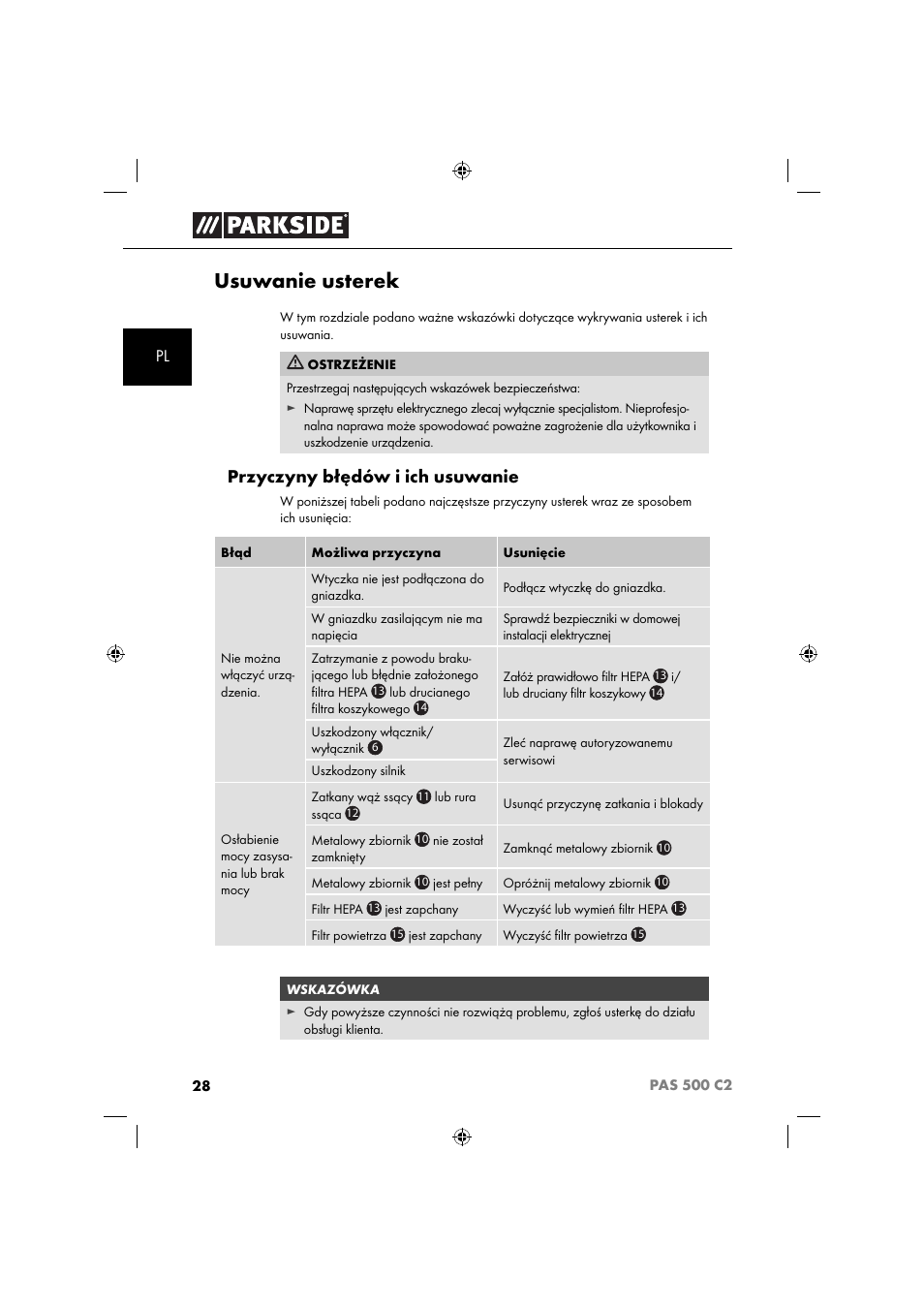 Usuwanie usterek, Przyczyny błędów i ich usuwanie | Parkside PAS 500 C2 User Manual | Page 31 / 116