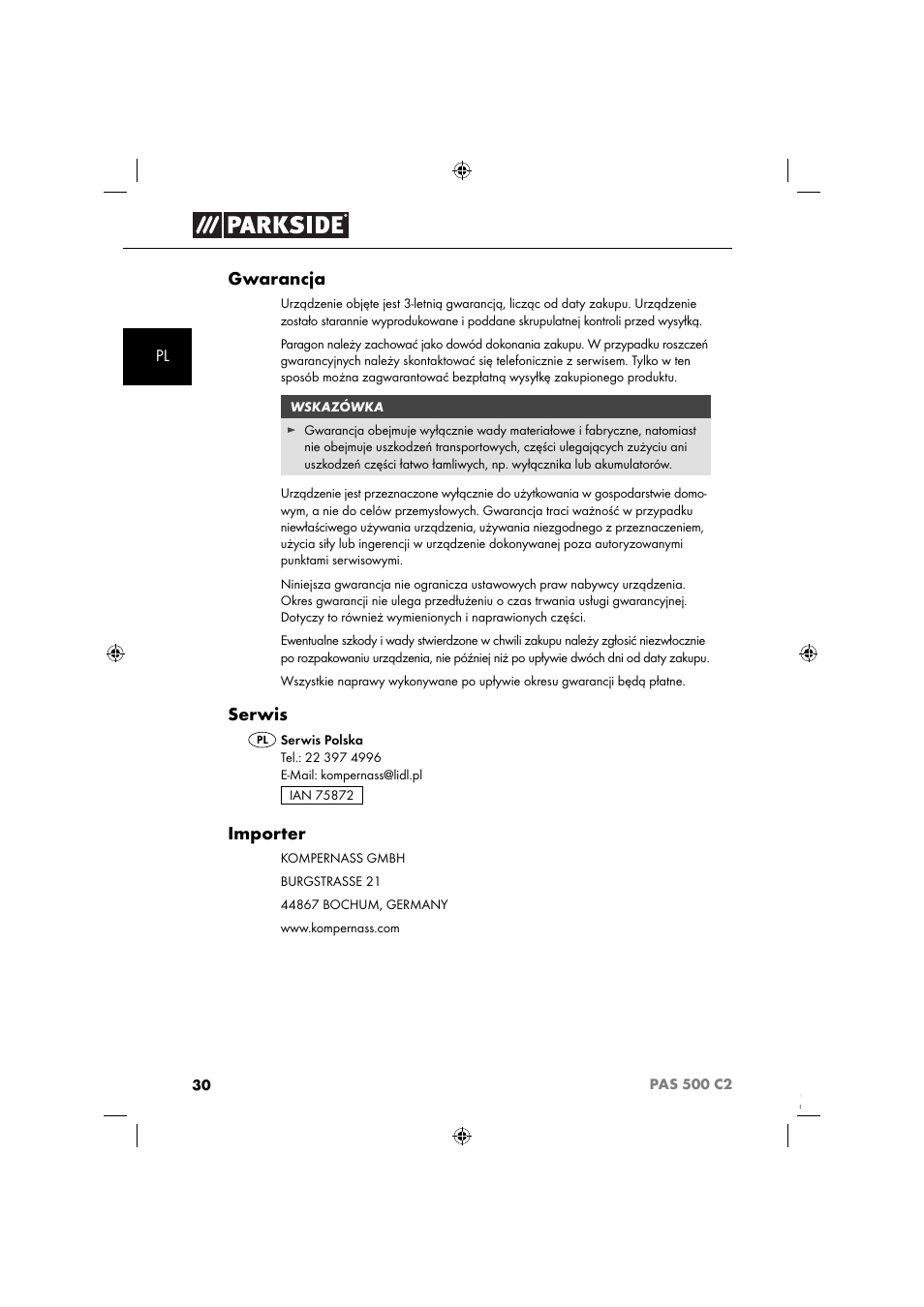 Gwarancja, Serwis, Importer | Parkside PAS 500 C2 User Manual | Page 33 / 116