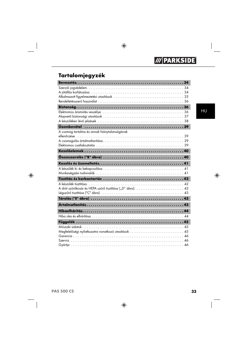 Tartalomjegyzék | Parkside PAS 500 C2 User Manual | Page 36 / 116