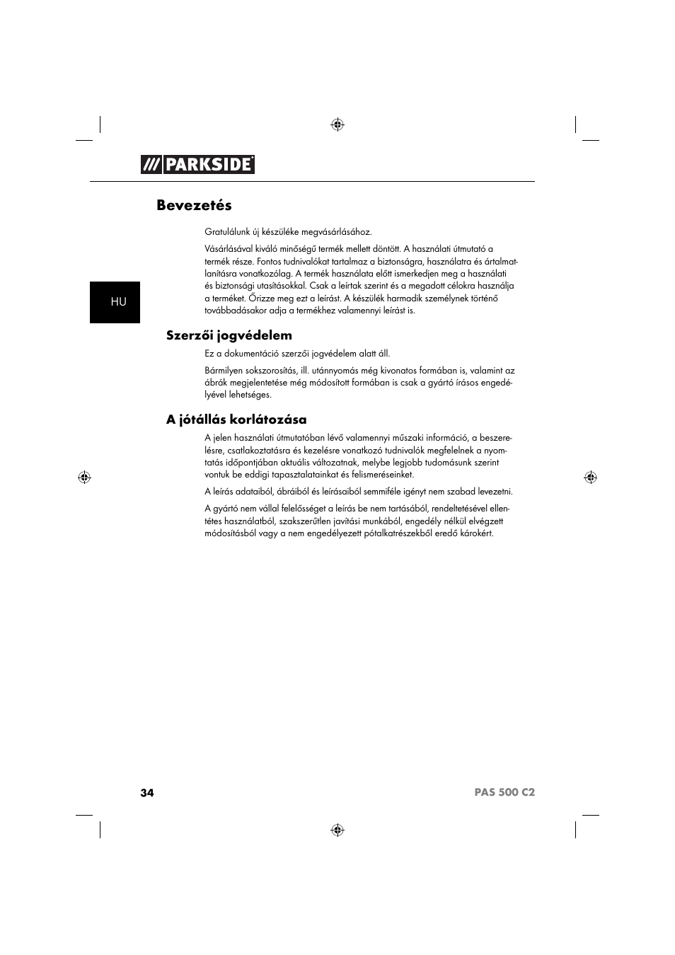 Bevezetés, Szerzői jogvédelem, A jótállás korlátozása | Parkside PAS 500 C2 User Manual | Page 37 / 116