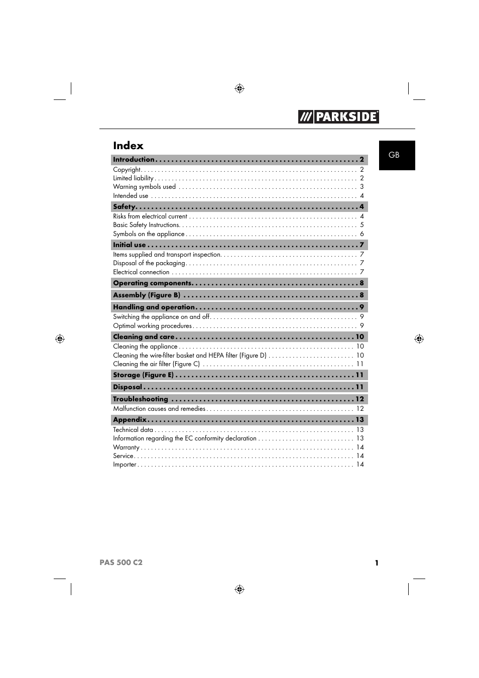 Index | Parkside PAS 500 C2 User Manual | Page 4 / 116