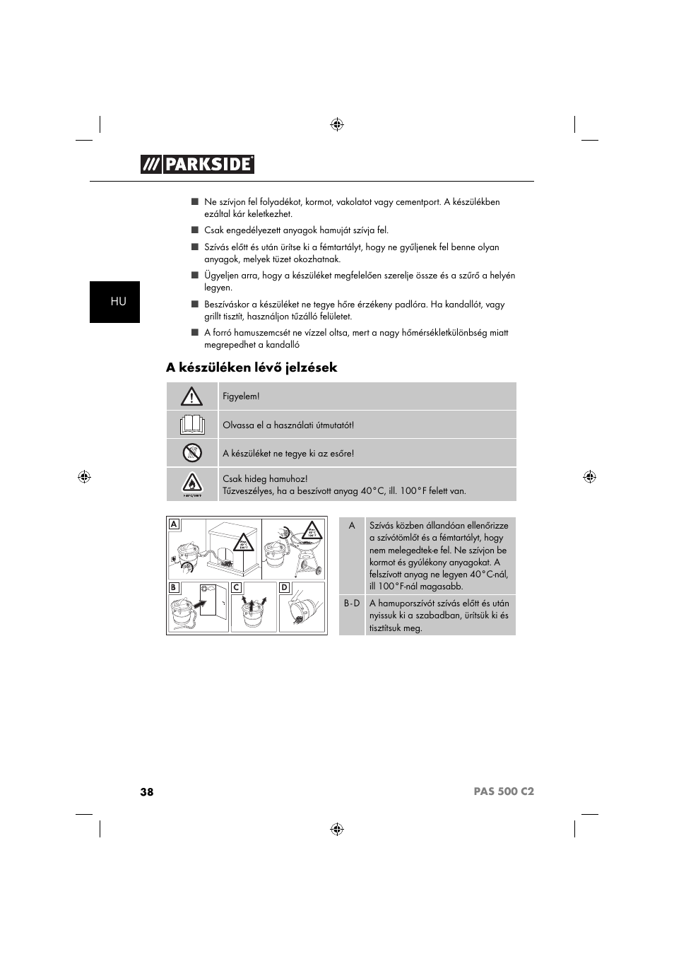 A készüléken lévő jelzések | Parkside PAS 500 C2 User Manual | Page 41 / 116