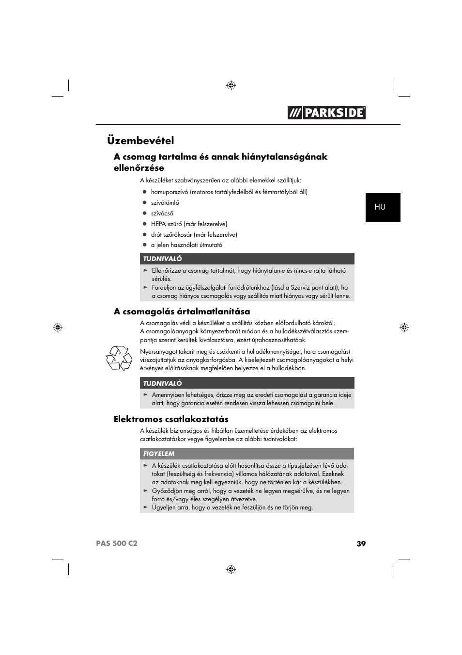 Üzembevétel, A csomagolás ártalmatlanítása, Elektromos csatlakoztatás | Parkside PAS 500 C2 User Manual | Page 42 / 116