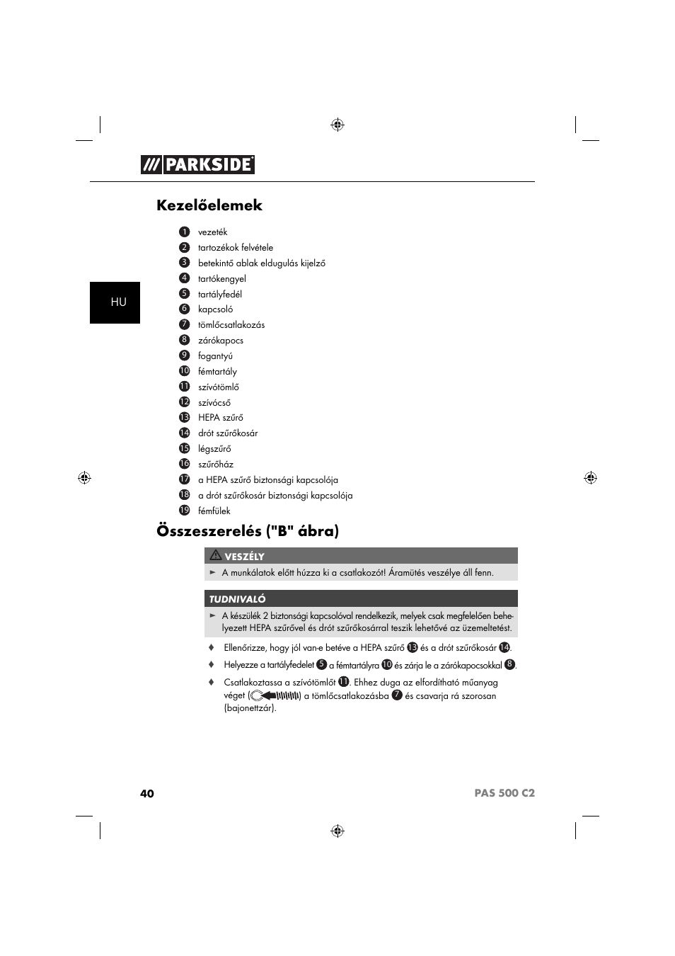 Kezelőelemek, Összeszerelés ("b" ábra) | Parkside PAS 500 C2 User Manual | Page 43 / 116