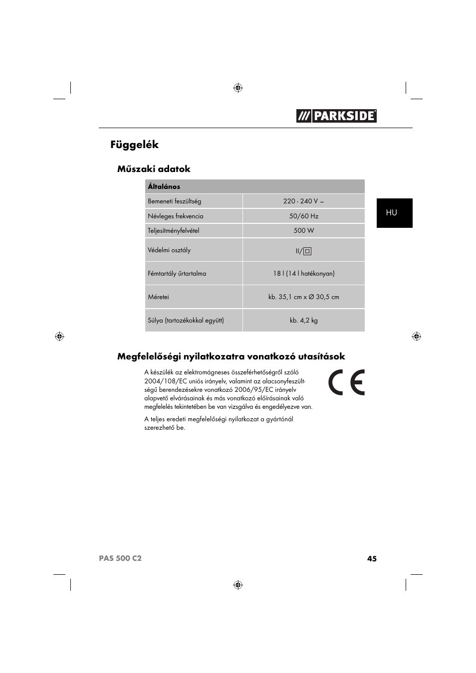 Függelék, Műszaki adatok, Megfelelőségi nyilatkozatra vonatkozó utasítások | Parkside PAS 500 C2 User Manual | Page 48 / 116