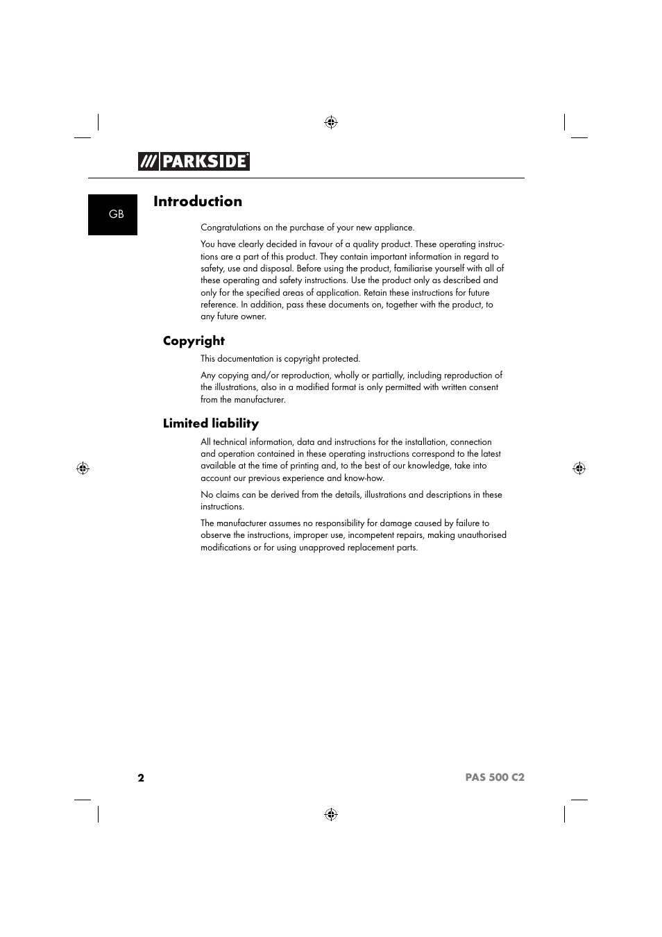 Introduction, Copyright, Limited liability | Parkside PAS 500 C2 User Manual | Page 5 / 116