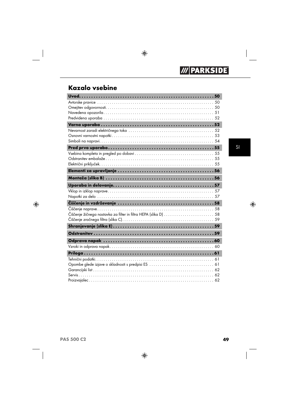 Kazalo vsebine | Parkside PAS 500 C2 User Manual | Page 52 / 116